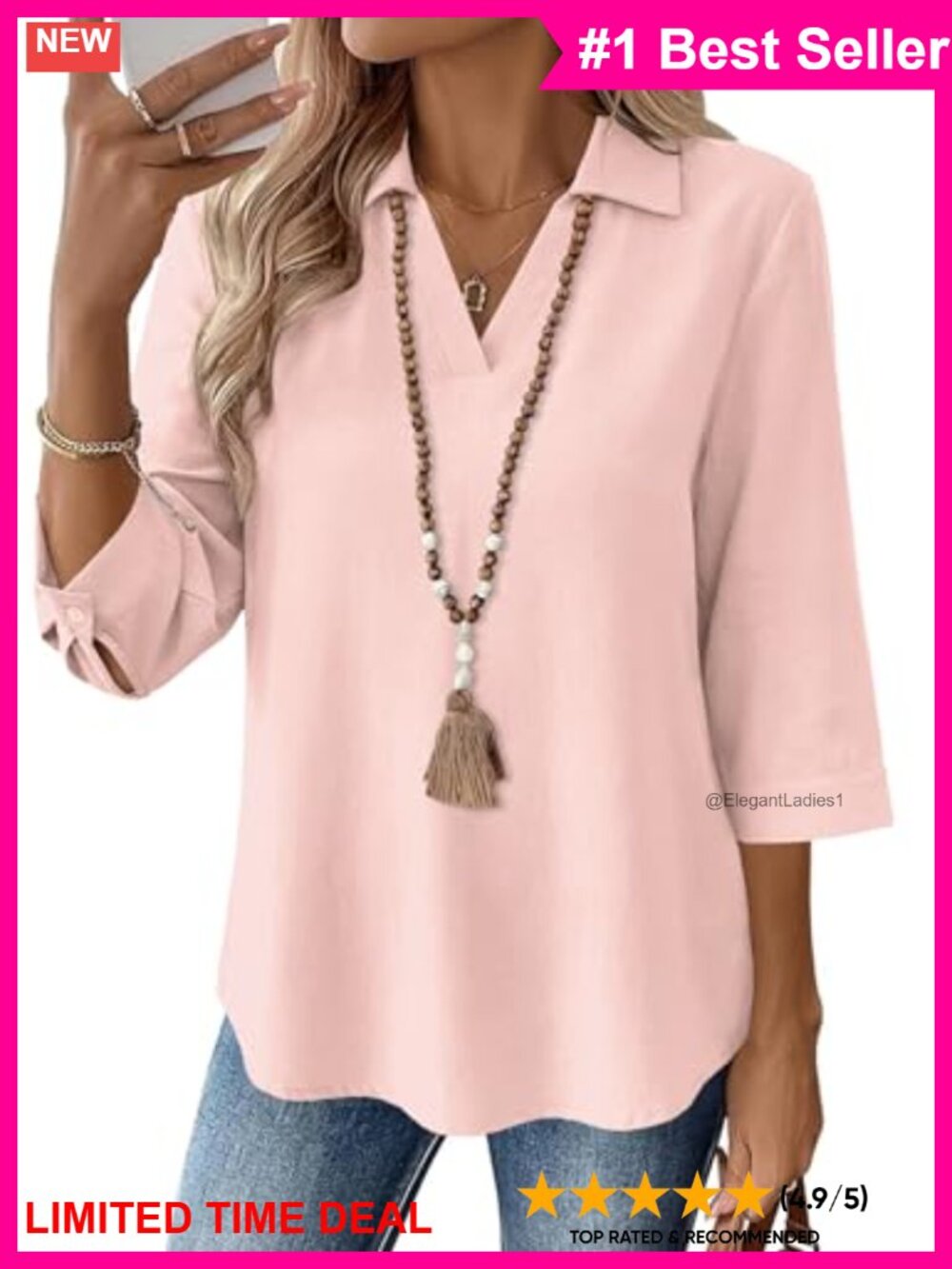 Womens Cotton Linen 3/4 Sleeve V Neck Collared Business Casual Blouse